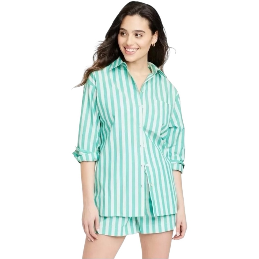 Women’s Aqua Blue Striped Swim Cover Up Shirt & Short Set 100% Cotton XS Small